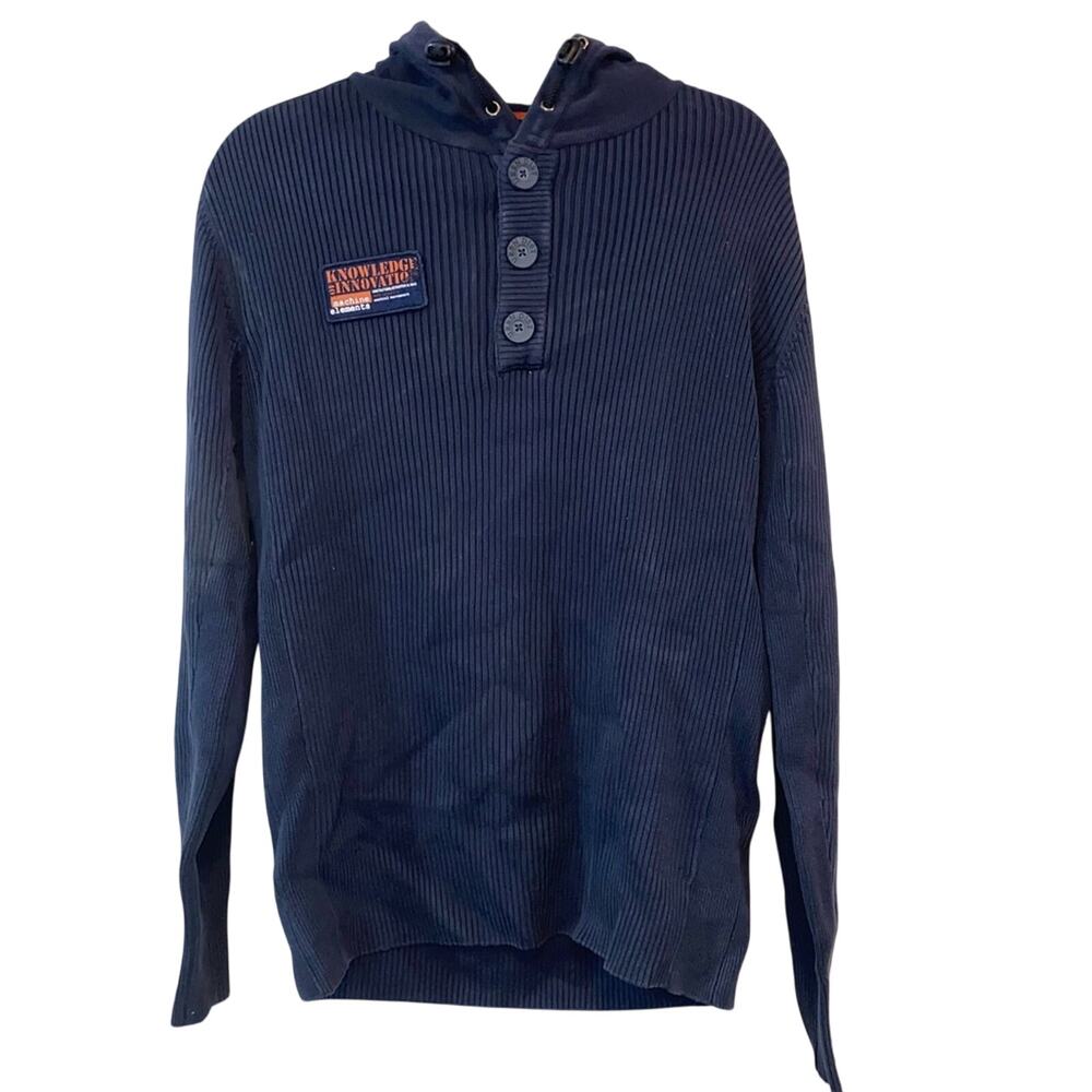 True Rock Navy Blue Ribbed Hooded Sweater Large Button Neck‎ Casual Streetwear